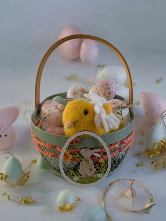 Petit panier Pâques acier/bois/macramé